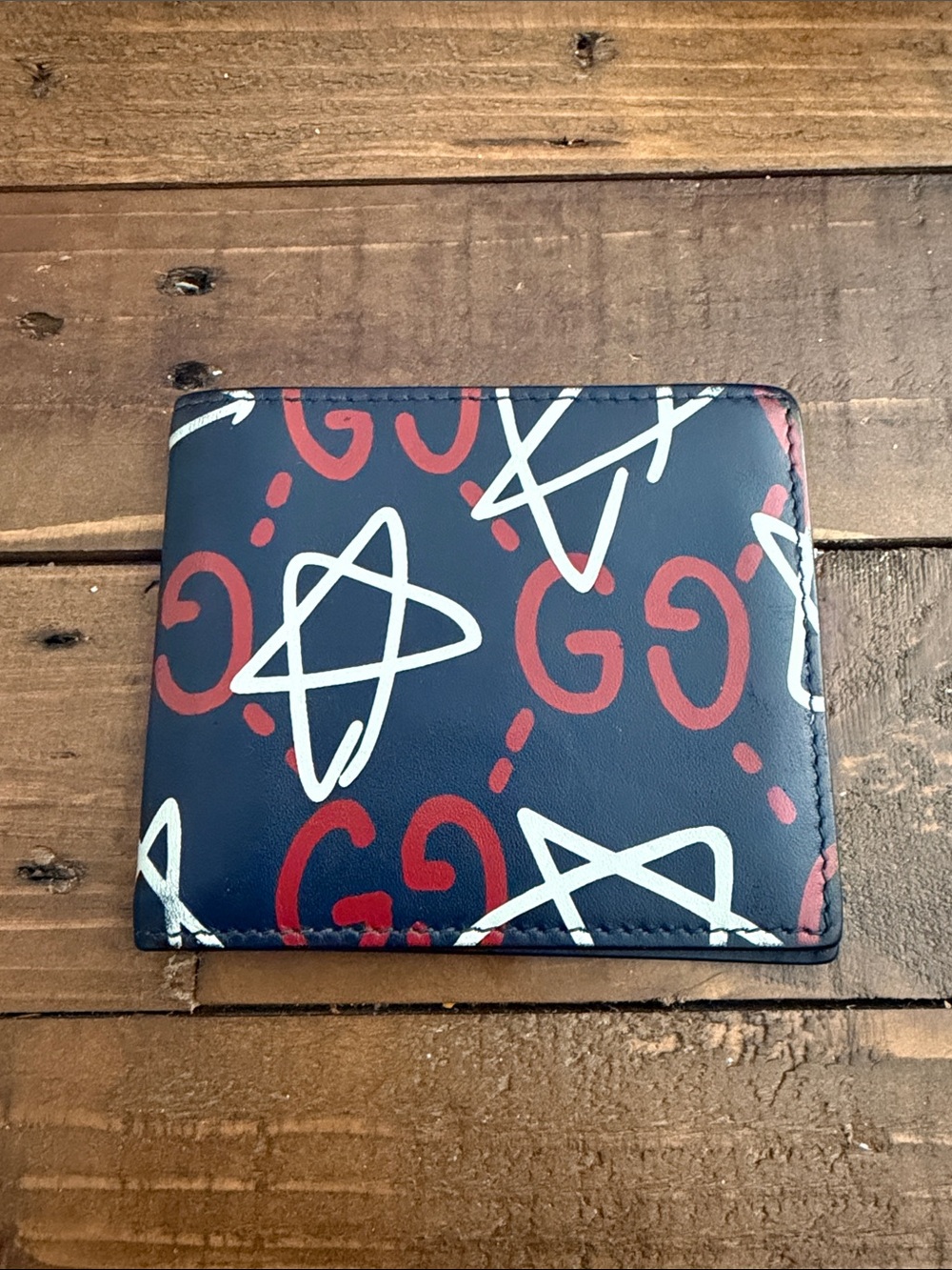 Gucci Navy Blue Wallet with Red GG and White Star Graphics